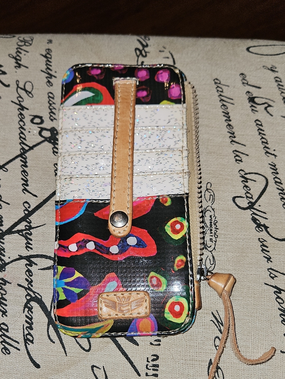 Consuela Multicolor Sophie Abstract Card Organizer with Tan Leather Strap